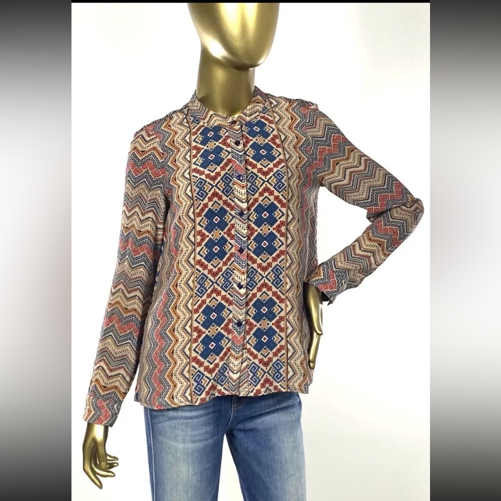 Tolani 100% Silk Multicolor Geometric Tribal Print Button Down Blouse Shirt XS